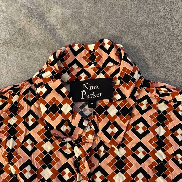 nina parker plus short blouse rayon button front crop top M205 orange red black - Picture 2 of 9